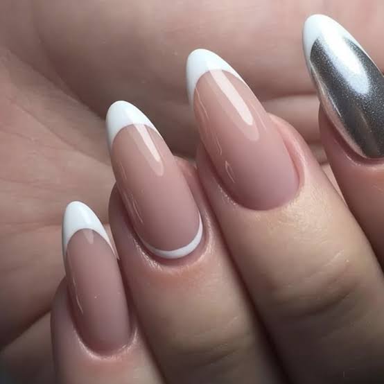 White French Almond with Metallic Accent — Simple Almond French Tip Nails