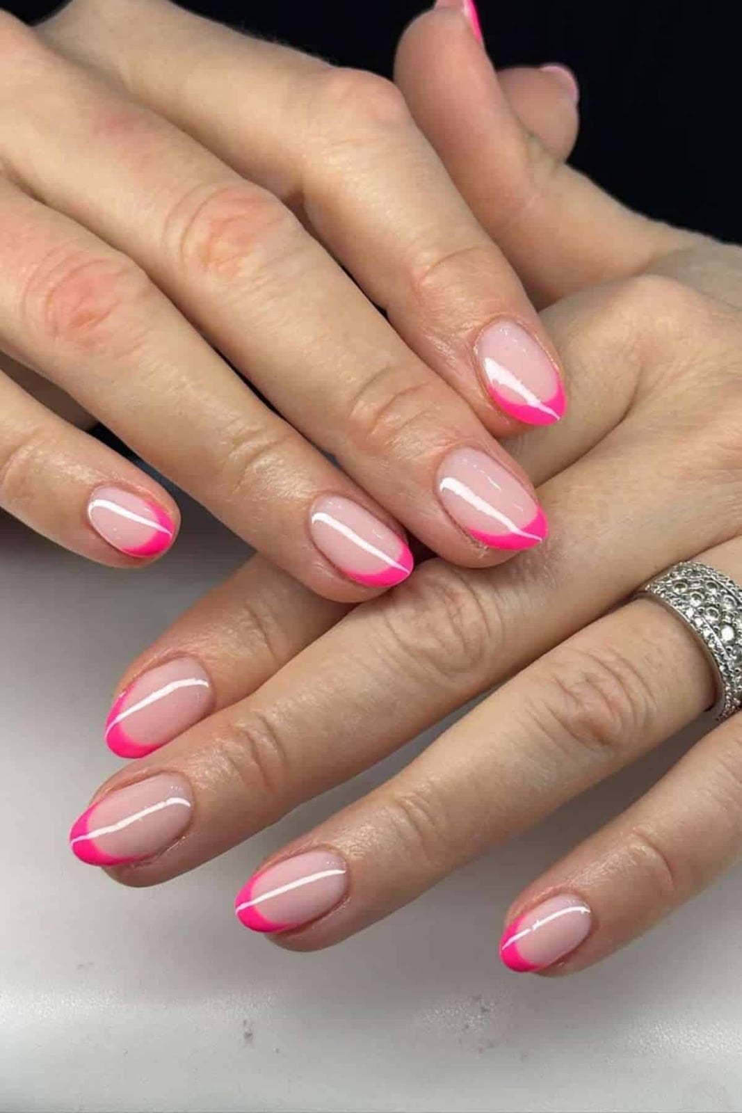 Bright Pink French Tips on Short Almonds — Simple Almond French Tip Nails
