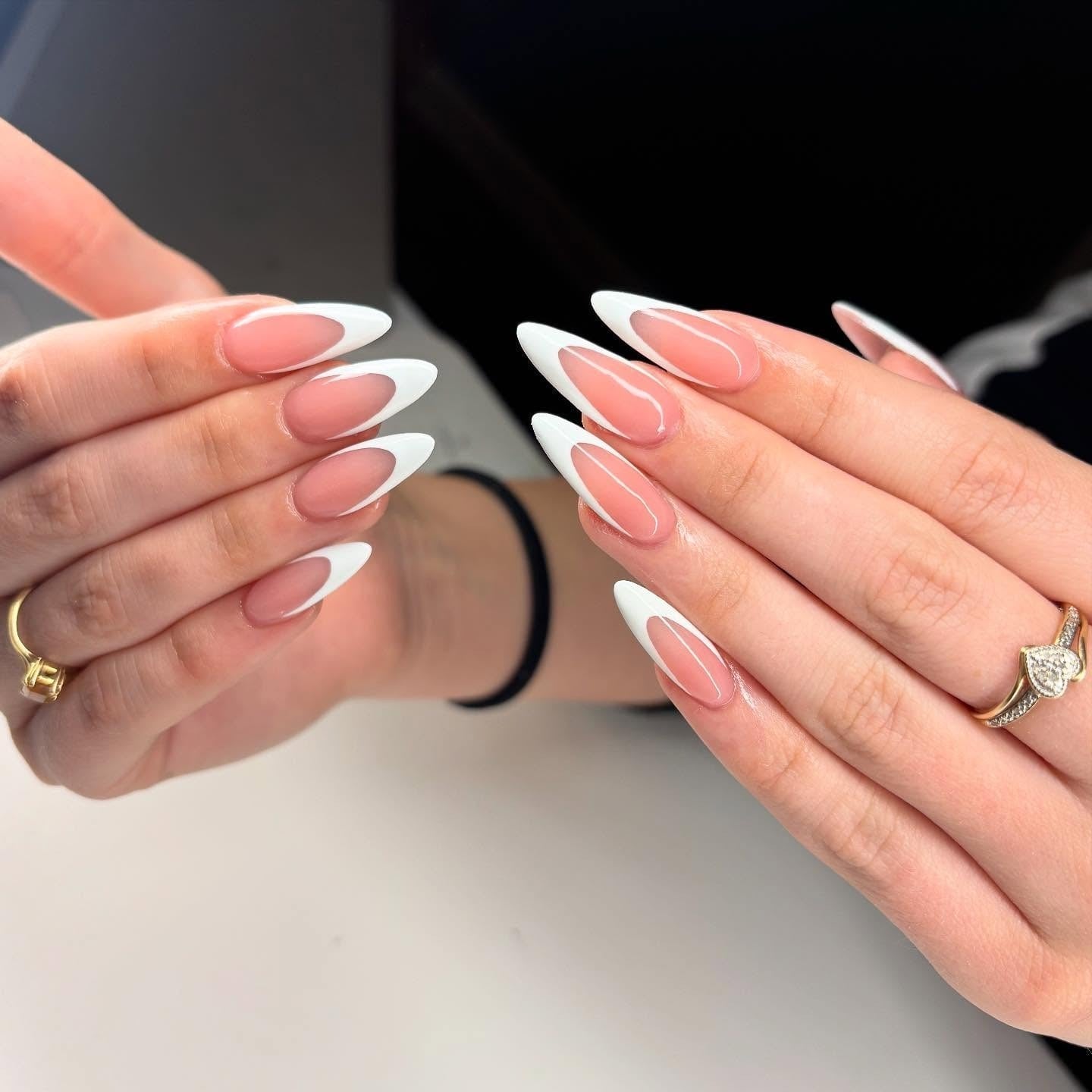 Pink Base Opaque White French Almond Nails — Simple Almond French Tip Nails