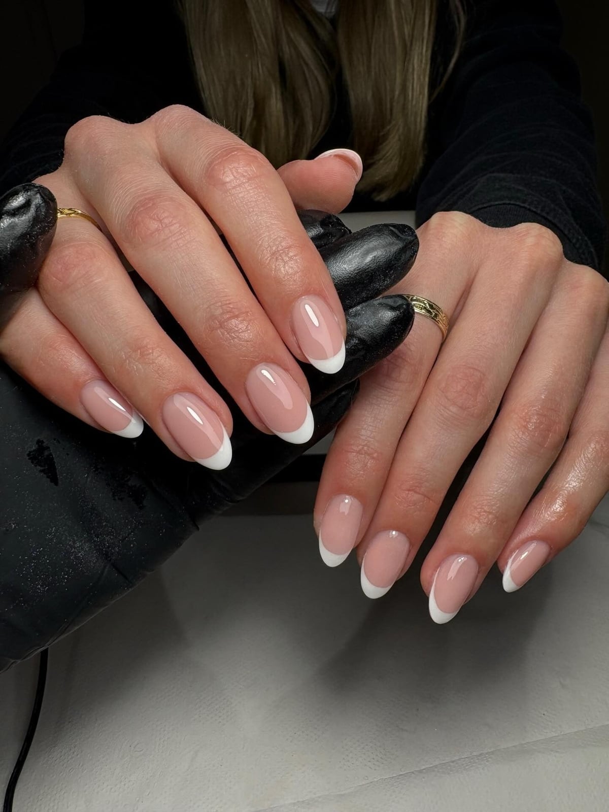 Classic White French on Short Pink Almonds — Simple Almond French Tip Nails