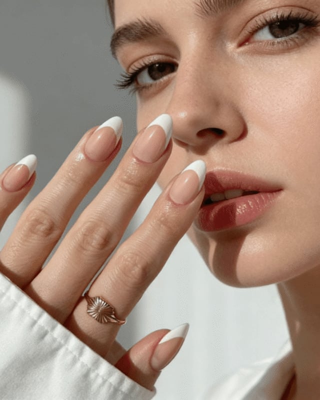 Crisp White French on Sheer Nude Almond, миндаль — Simple Almond French Tip Nails