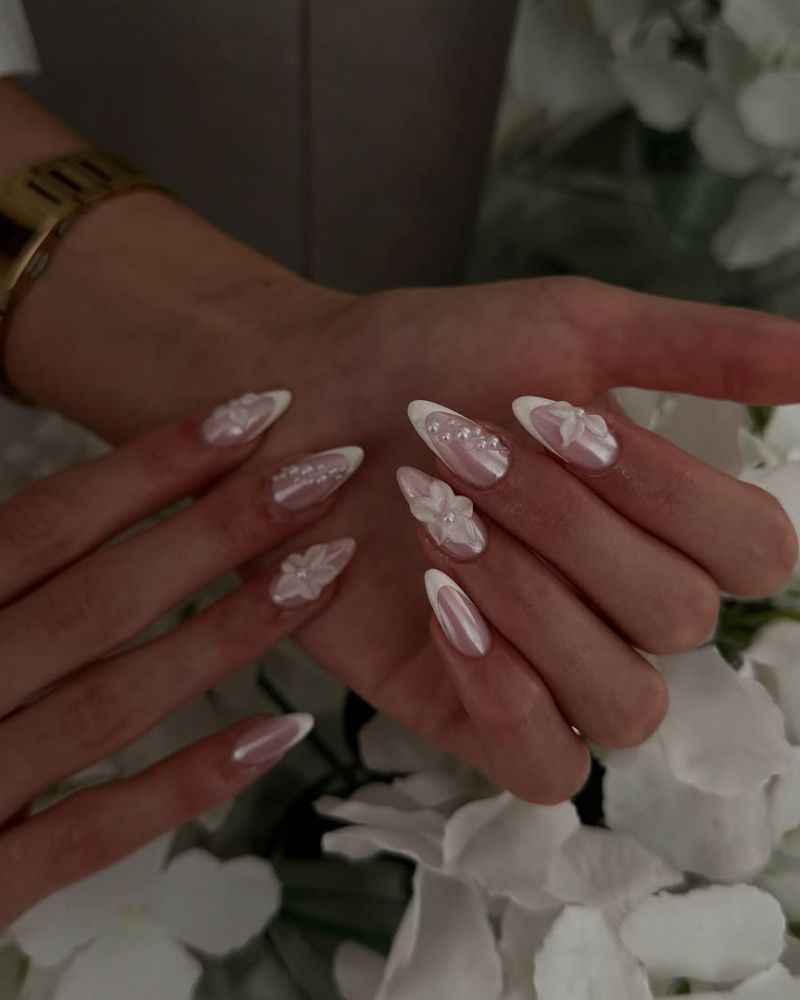 3D Floral and Pearl Embellished Almond French — Simple Almond French Tip Nails