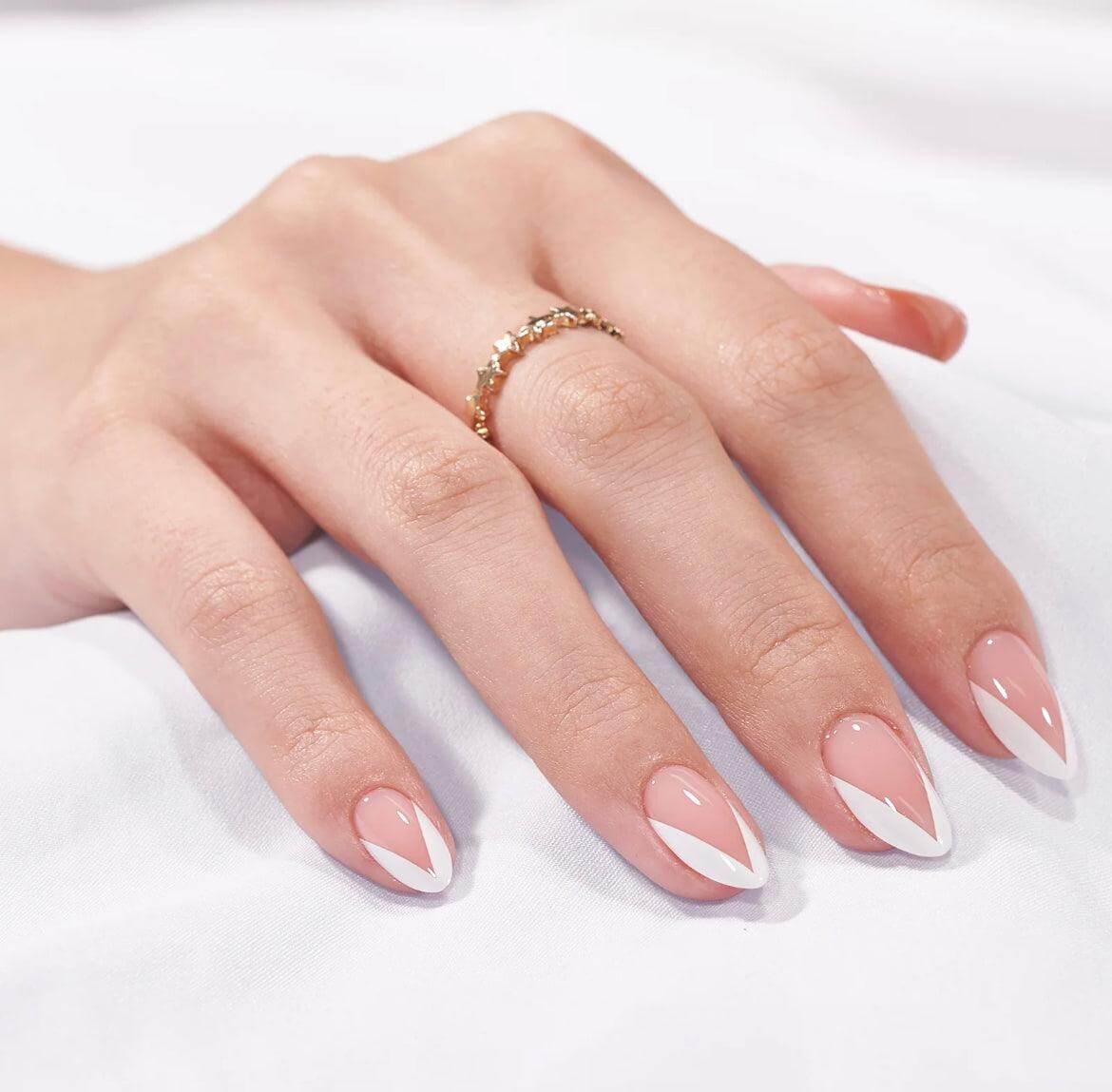 Sheer Pink Glossy White French Almond, Close-Up Take — Simple Almond French Tip Nails