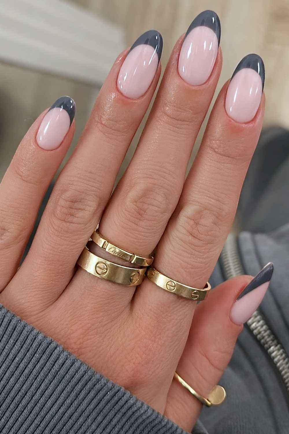 Dark Gray French Tips on Pink Nude Almond — Simple Almond French Tip Nails