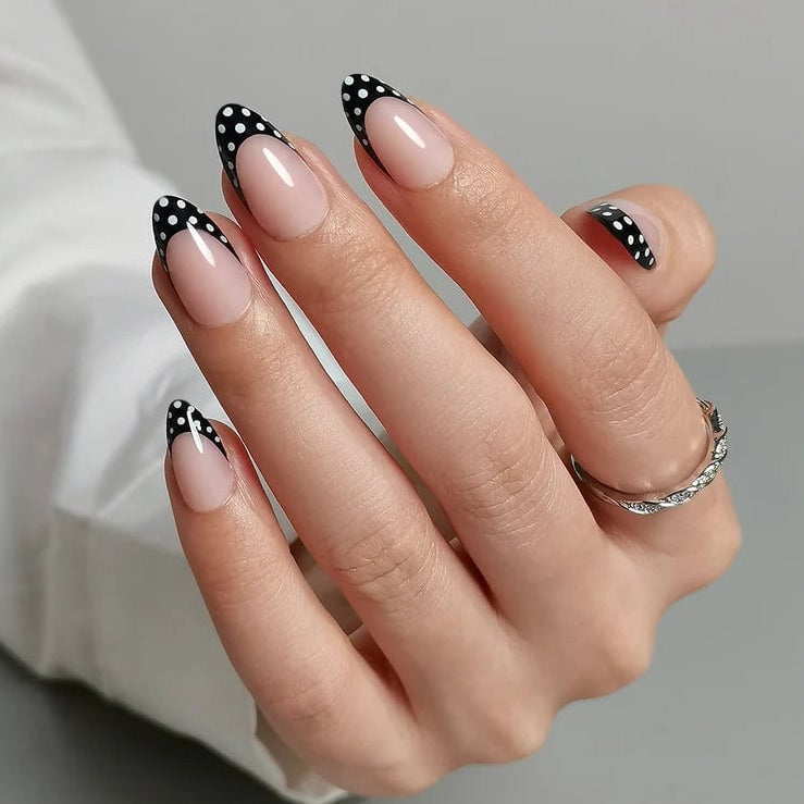 Black Polka Dot French Almond Nails — Simple Almond French Tip Nails