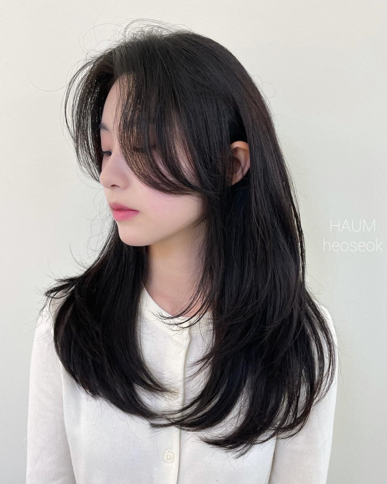 Mid-Back Black Hair With Soft Curtain Bangs Mid-Back Black Hair With Soft Curtain Bangs — Simple Asian Haircuts