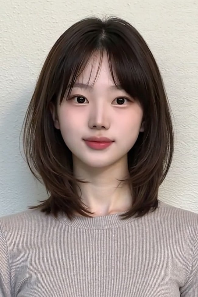 Medium Brown Layered Lob With See-Through Bangs Medium Brown Layered Lob With See-Through Bangs — Simple Asian Haircuts