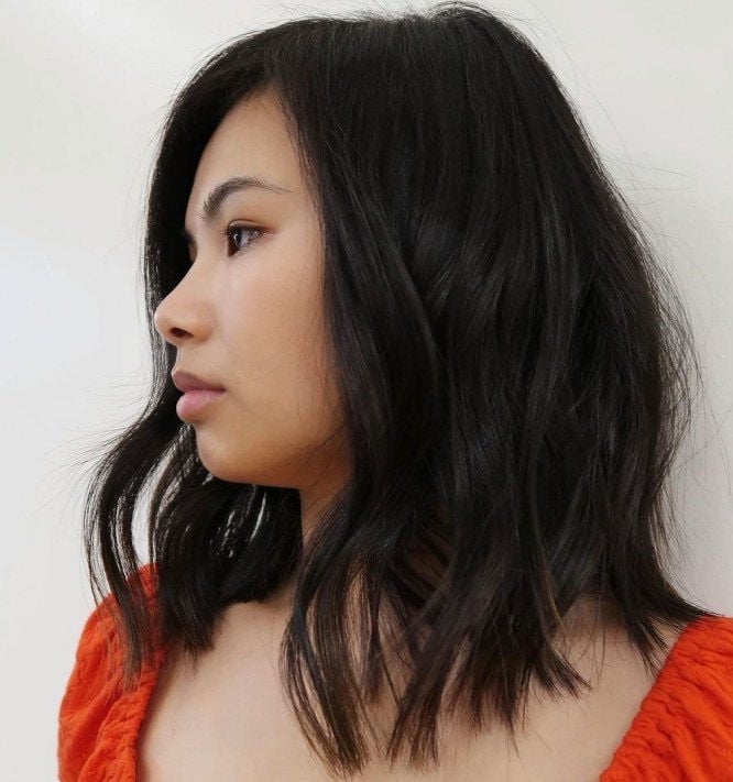 Dark Brown Wavy Lob With Face Framing Layers Dark Brown Wavy Lob With Face Framing Layers — Simple Asian Hairstyles
