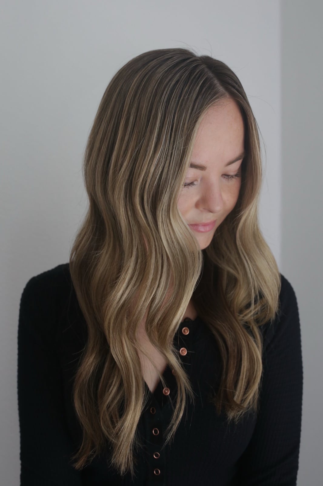 Blended Blonde and Caramel Highlights With Black Knit Top — Simple Babylights