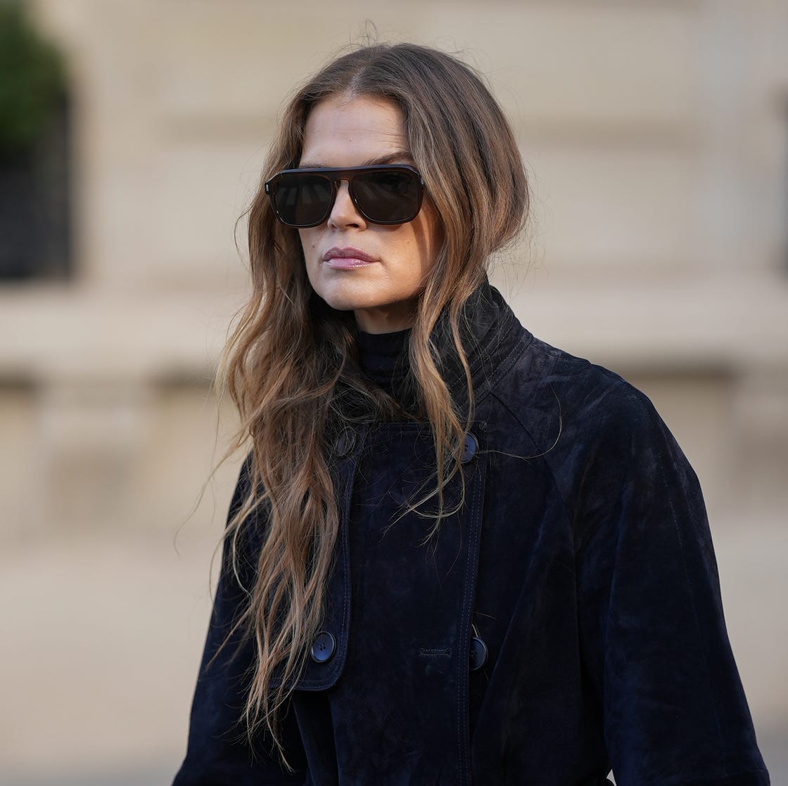 Relaxed Fit Navy Jacket Over Turtleneck With Sunglasses — Simple Babylights