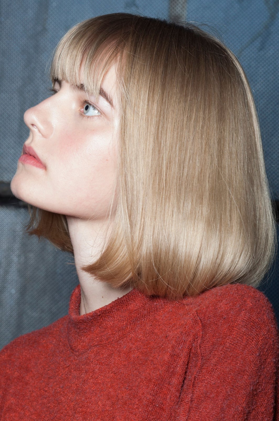 Blonde Bob With Bangs and Red Textured Turtleneck — Simple Babylights