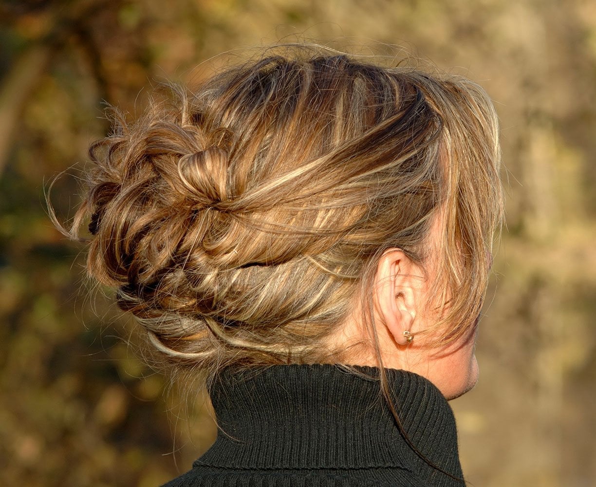 Textured Updo With Brown and Blonde Highlights and Black Turtleneck — Simple Babylights