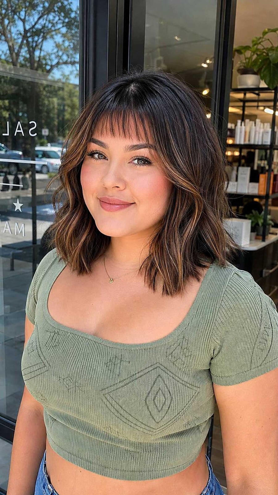 Collarbone Lob With Dark Brown Wispy Bangs — Simple Bangs for Round Face
