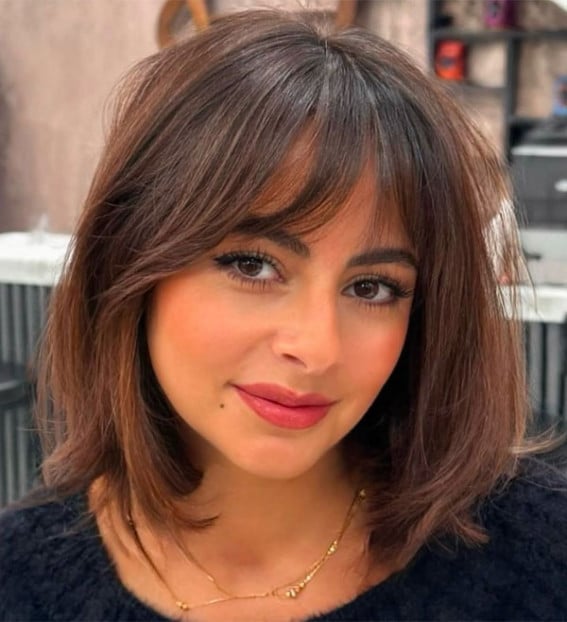 Chin Length Long Bob Soft Side Bangs — Simple Bangs for Round Face