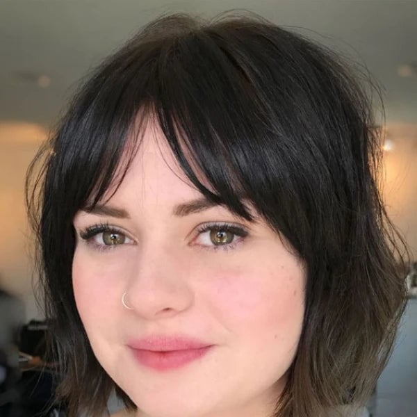 Dark Brown Collarbone Shag With Curtain Bangs — Simple Bangs for Round Face