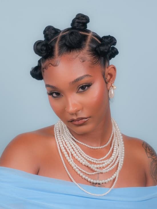 Elegant bantu knots with an off-the-shoulder blue, Everyday Version — Simple Bantu Knots