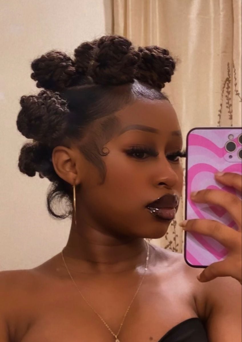 Casual off-the-shoulder top with bantu knots and hoop earrings — Simple Bantu Knots