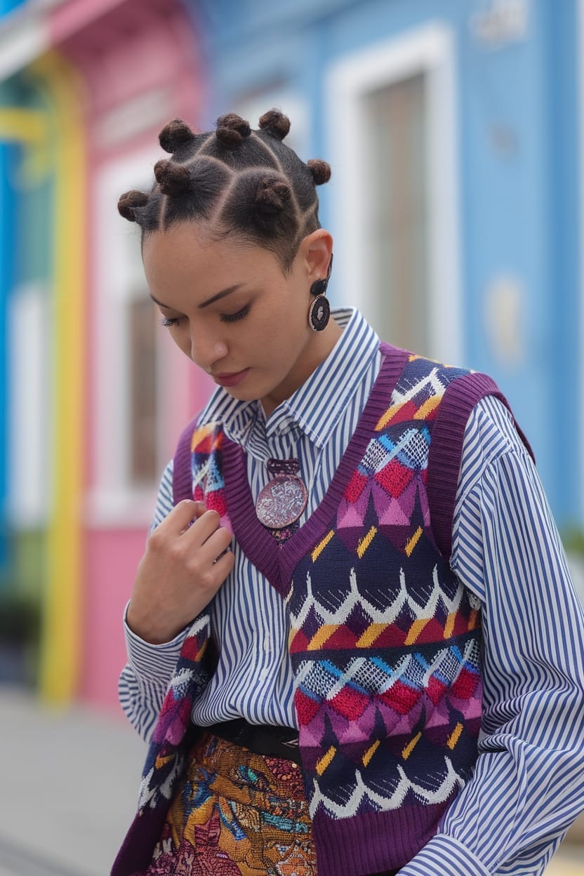 Patterned sweater vest over a striped shirt with bantu, Close-Up Take — Simple Bantu Knots