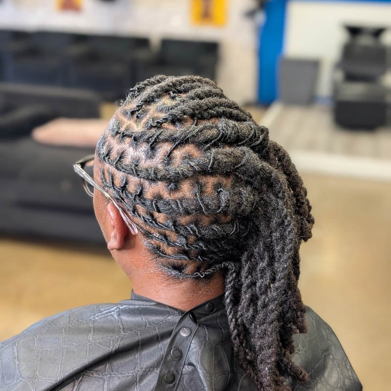 Collarbone Barrel Twists Styled Away From Face Collarbone Barrel Twists Styled Away From Face — Simple Barrel Locs