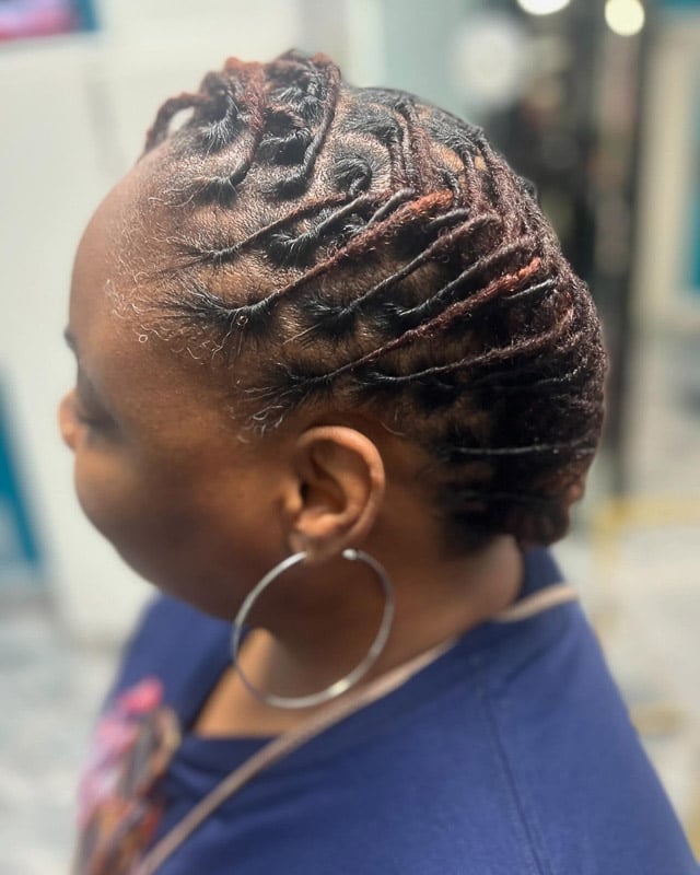 Short Barrel Locs Updo With Red Highlights Short Barrel Locs Updo With Red Highlights — Simple Barrel Locs