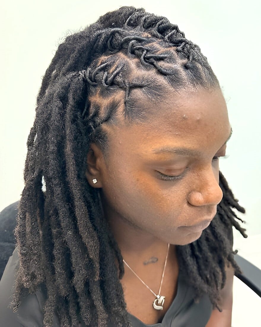 Intricate Braided Updo With Loose Strands Intricate Braided Updo With Loose Strands — Simple Barrel Locs