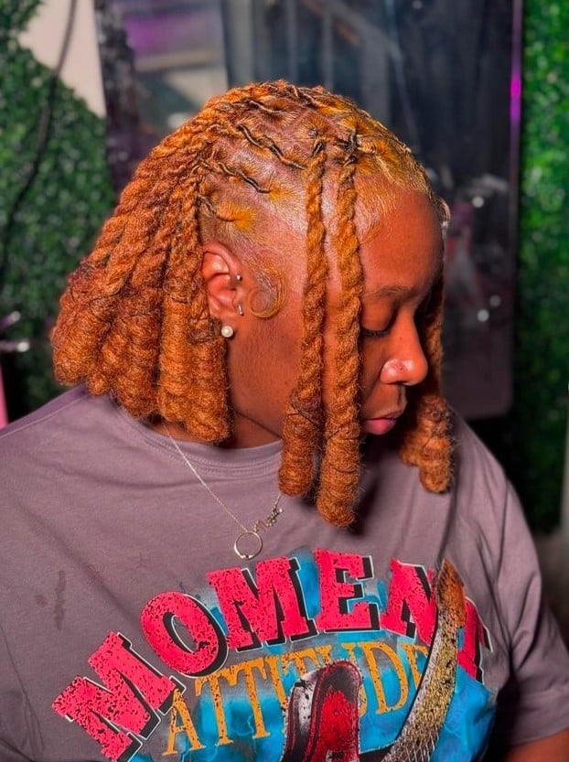 Burgundy Barrel Locs With Curtain Bangs Burgundy Barrel Locs With Curtain Bangs — Simple Barrel Locs