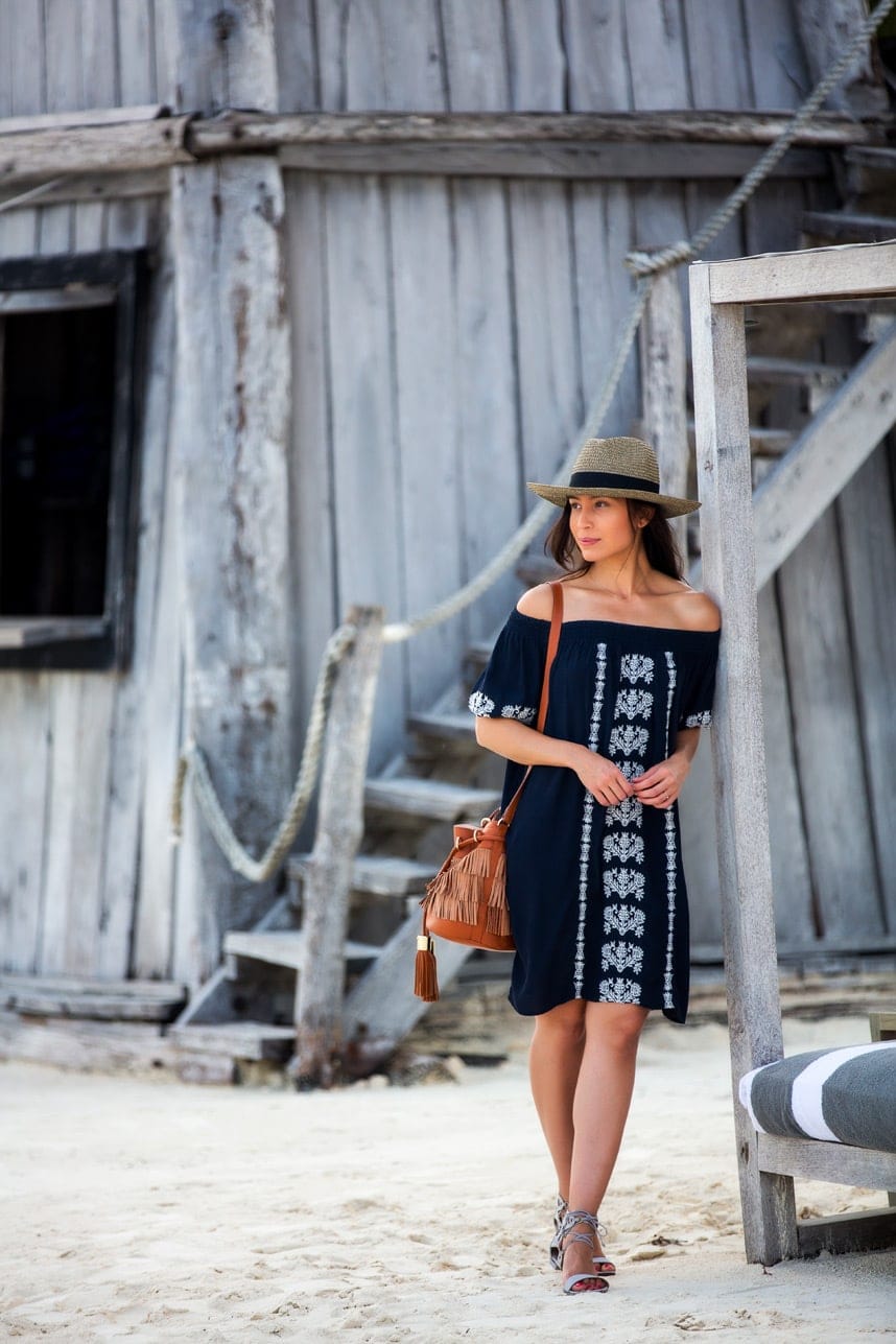 Navy off-the-shoulder dress with white embroidery — Simple Beach Waves