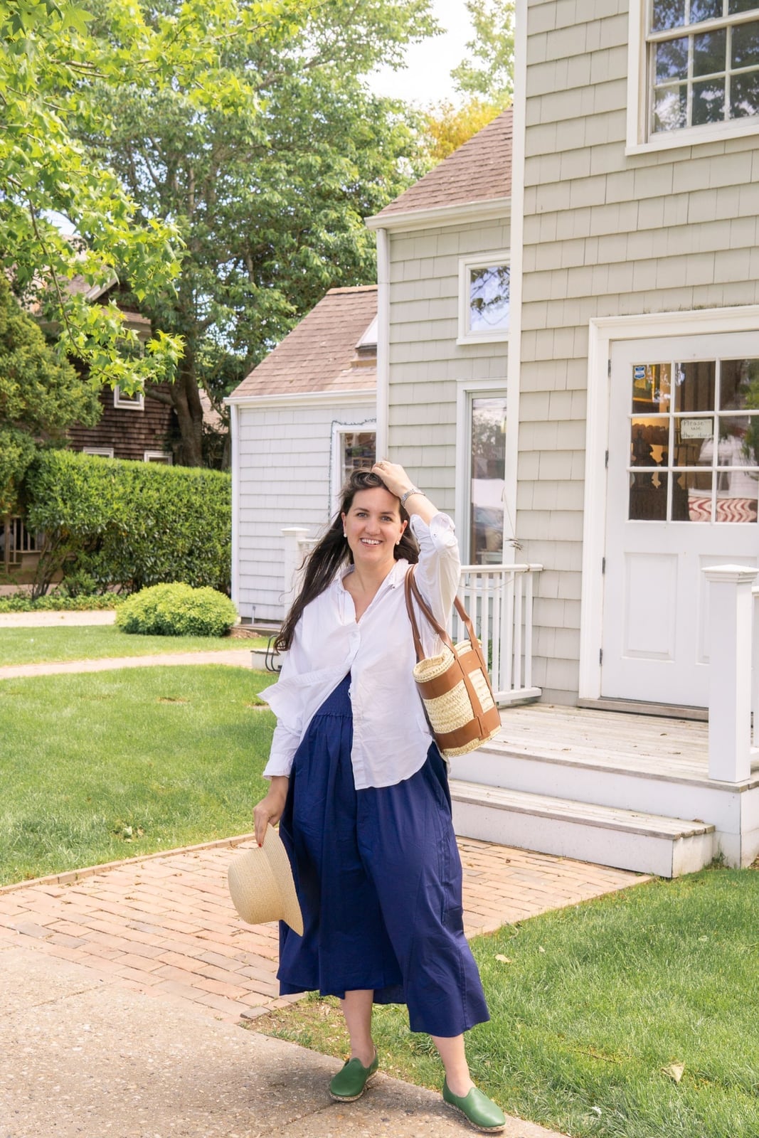 White button-down shirt with navy wide-leg pants — Simple Beach Waves