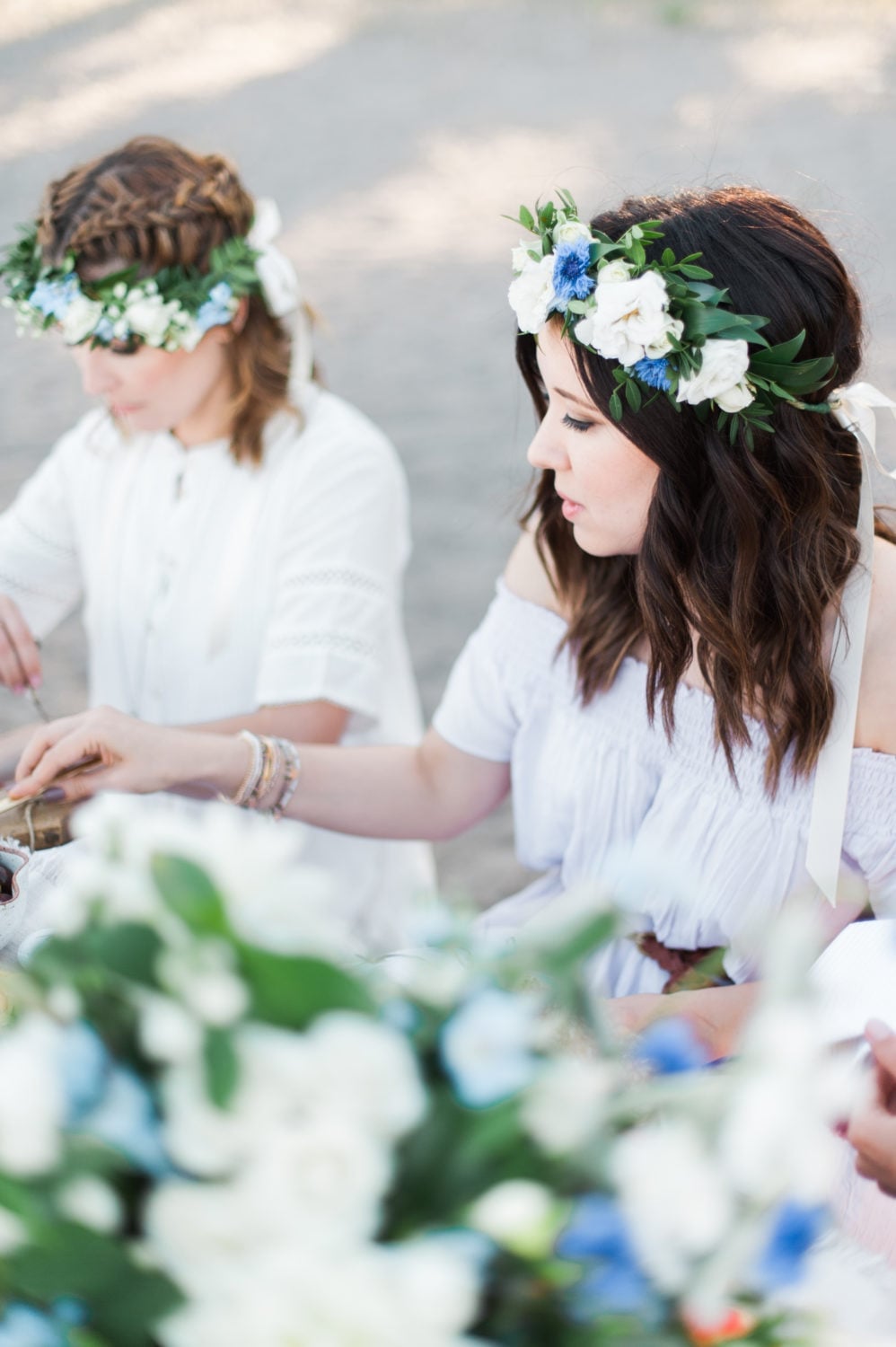 Off-the-shoulder white dress with floral crowns — Simple Beach Waves
