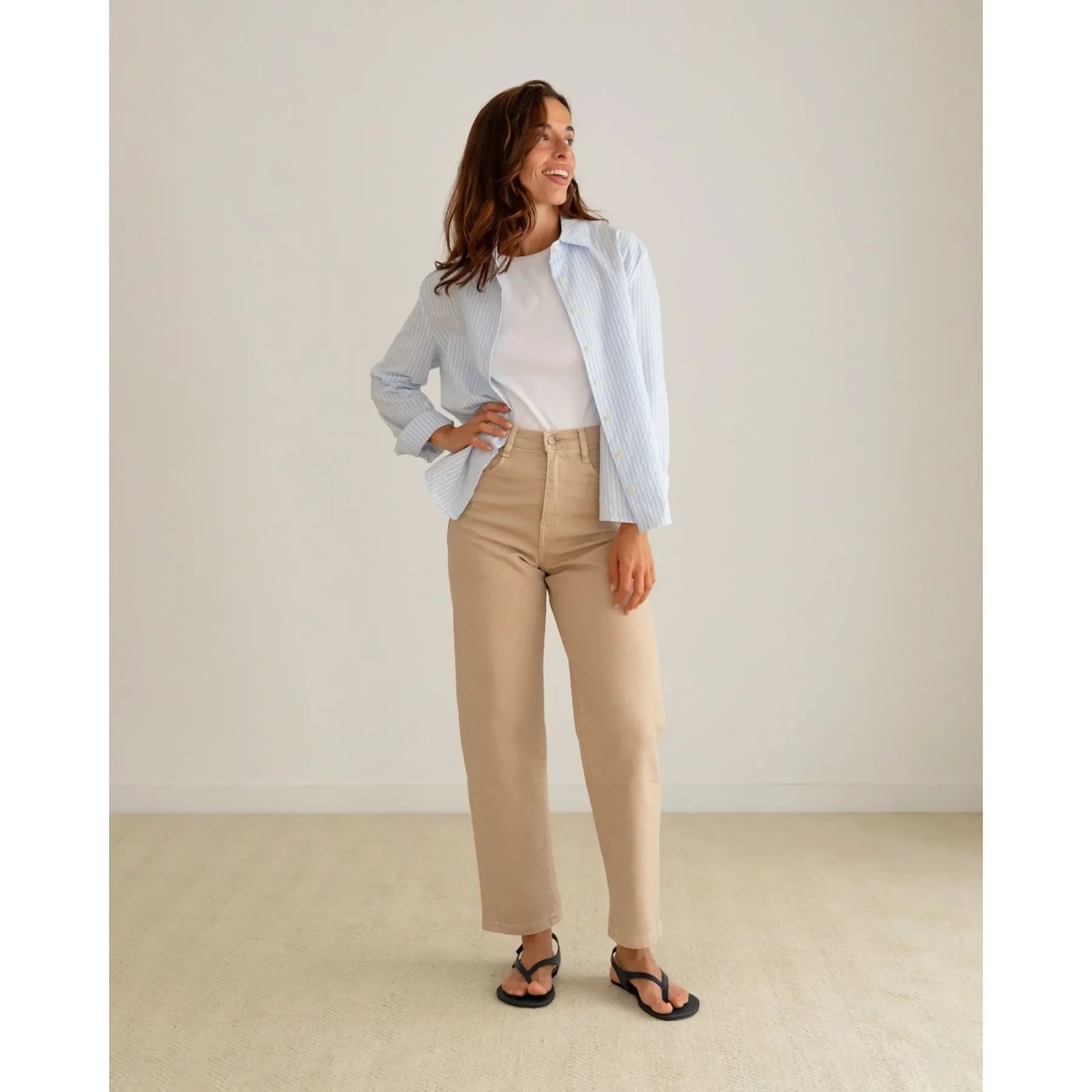 Straight-leg beige trousers with a striped shirt, Close-Up Take — Simple Beige Pants Outfits