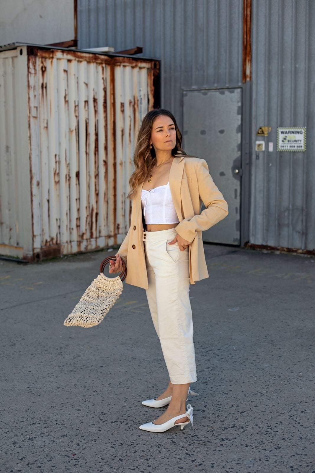 Cream straight-leg trousers with a beige blazer — Simple Beige Pants Outfits