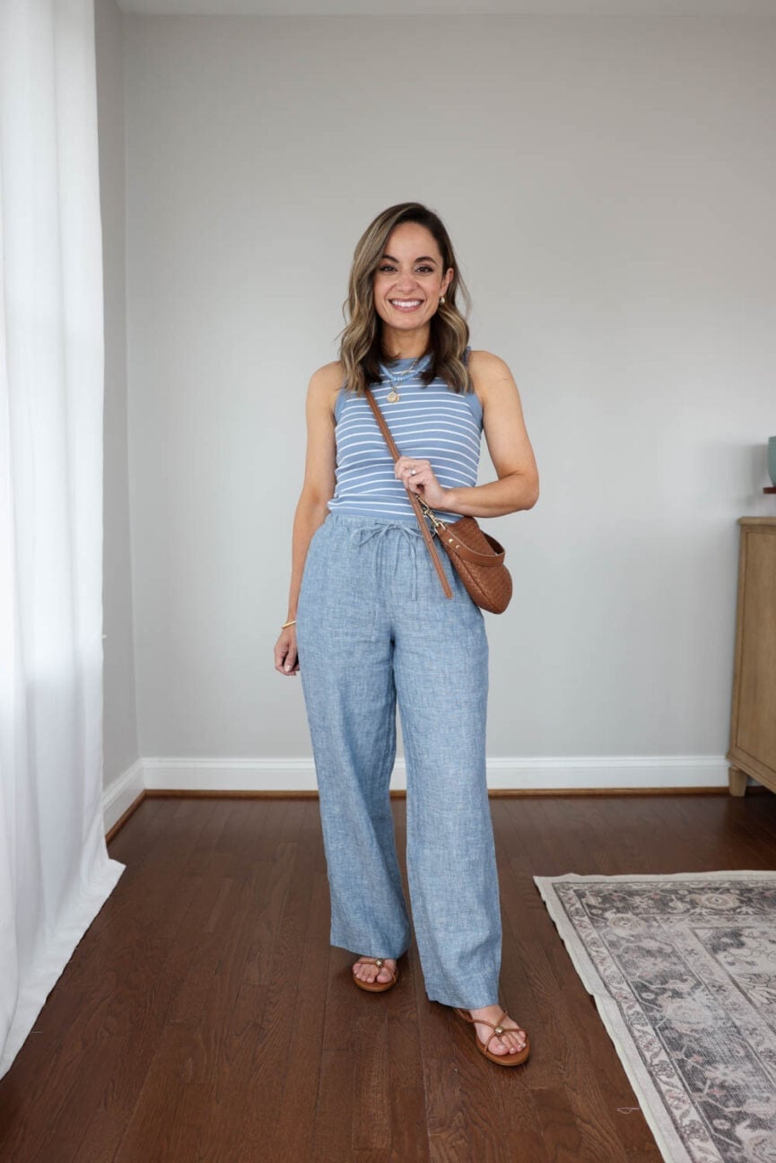 Light blue striped tank top with light blue linen pants Light blue striped tank top with light blue linen pants — Simple Blue Top Outfits