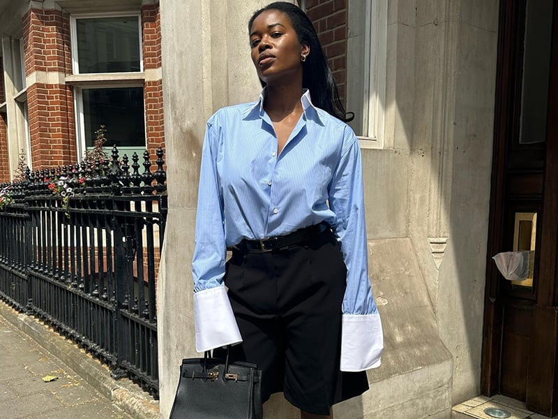 Light blue pinstripe shirt with tailored black shorts Light blue pinstripe shirt with tailored black shorts — Simple Blue Top Outfits