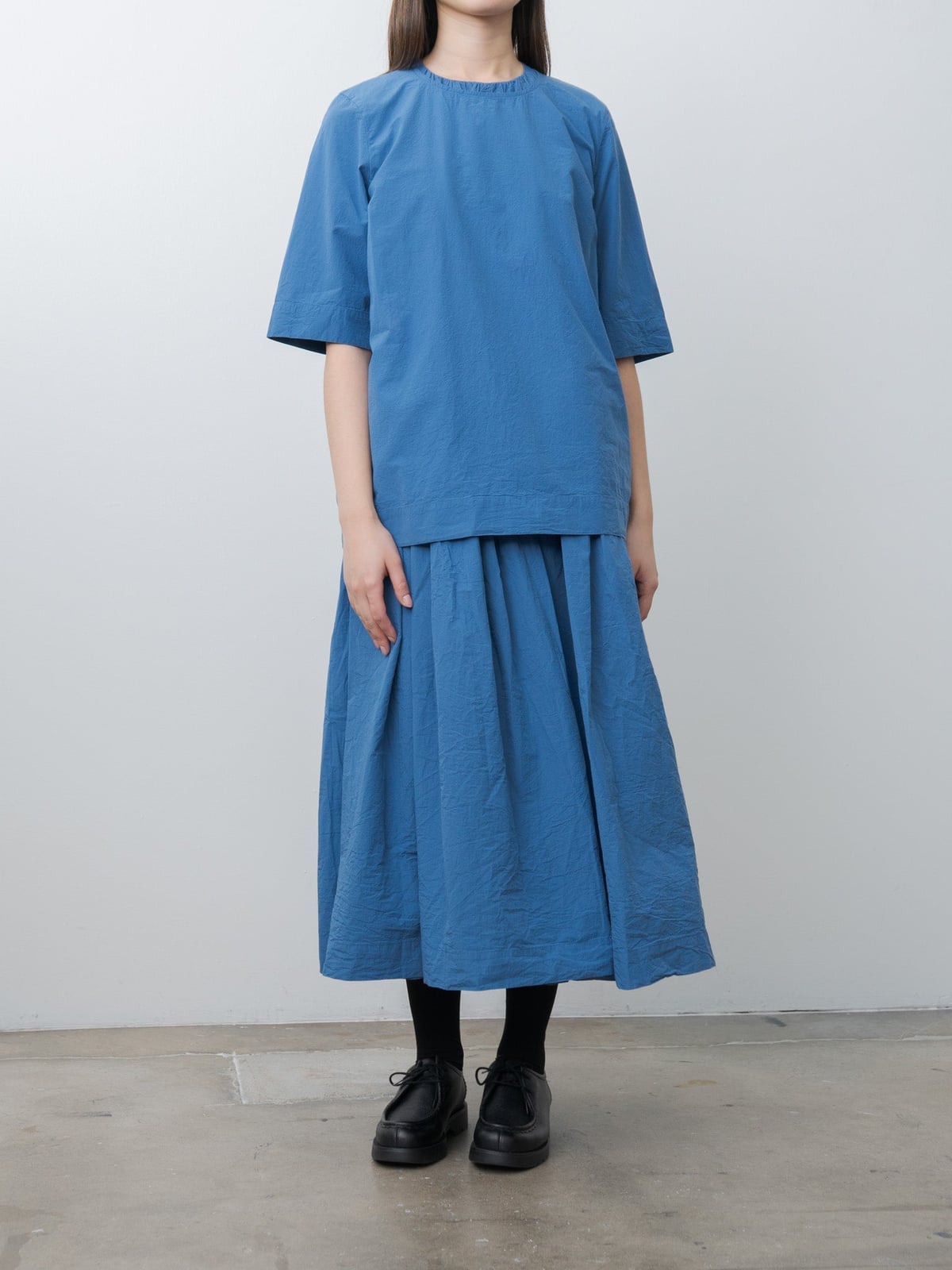 Medium blue textured top with matching A-line skirt Medium blue textured top with matching A-line skirt — Simple Blue Top Outfits