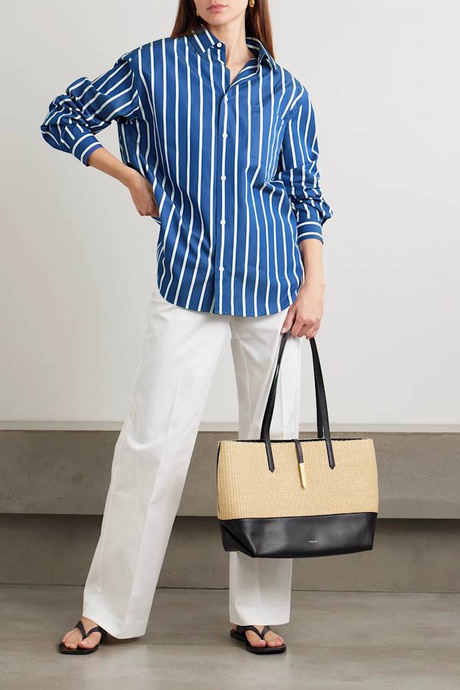 Blue and white striped shirt with white wide-leg pants Blue and white striped shirt with white wide-leg pants — Simple Blue Top Outfits