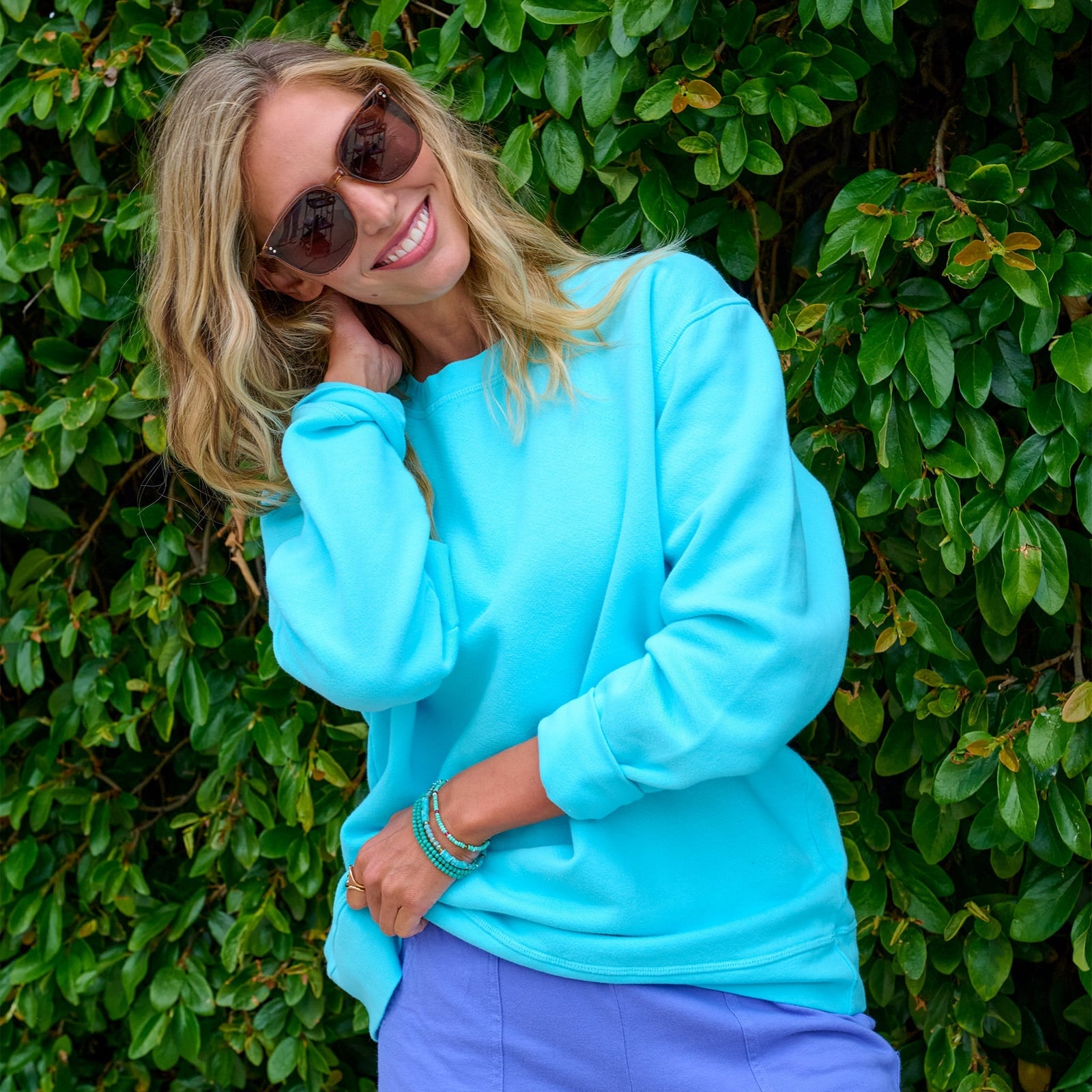 Bright blue fleece sweatshirt with purple bottoms Bright blue fleece sweatshirt with purple bottoms — Simple Blue Top Outfits