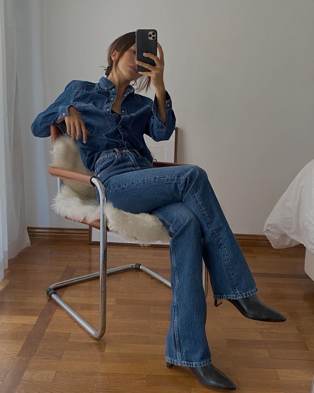 Medium blue denim shirt with dark flared jeans Medium blue denim shirt with dark flared jeans — Simple Blue Top Outfits