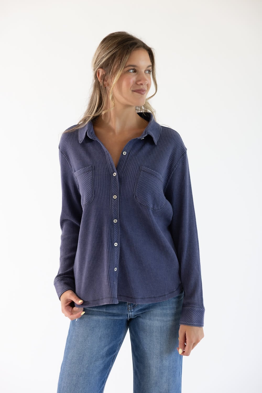 Blue waffle knit shirt with blue jeans Blue waffle knit shirt with blue jeans — Simple Blue Top Outfits