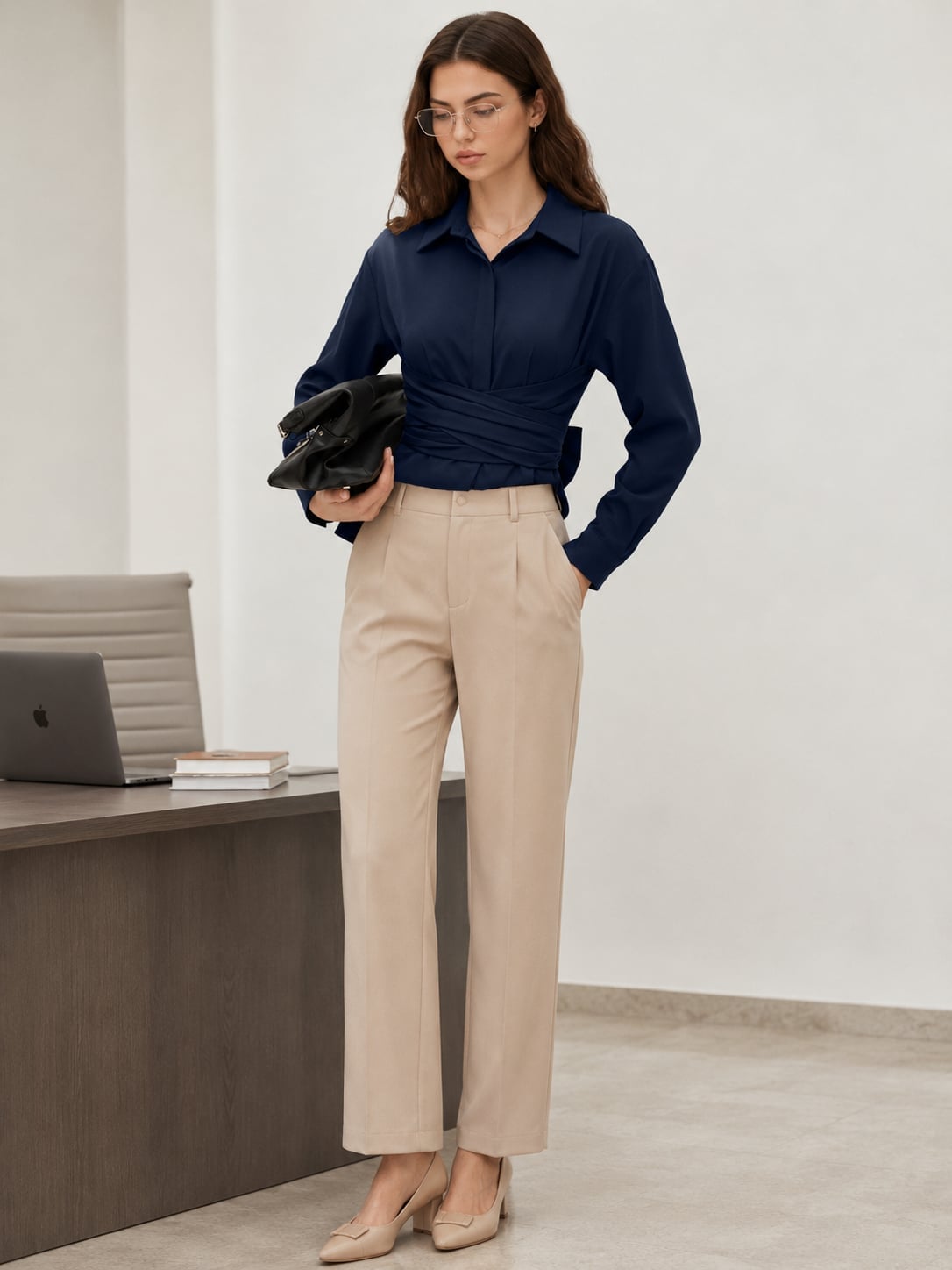 Navy collared shirt with cinched waist and beige pants Navy collared shirt with cinched waist and beige pants — Simple Blue Top Outfits