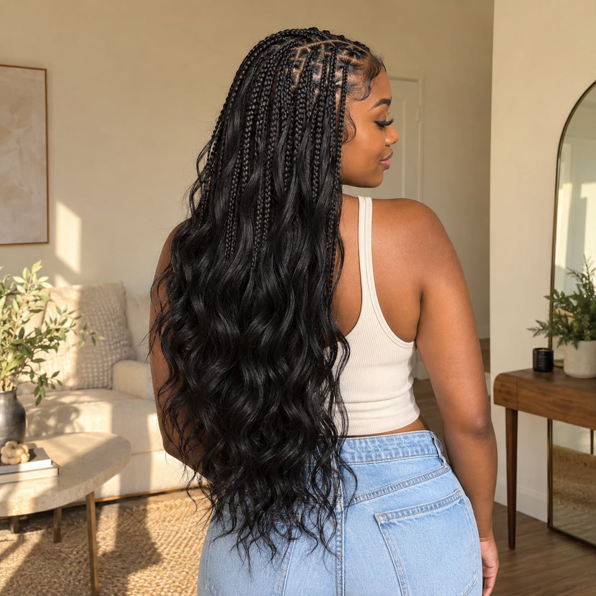 Mid-Back Black Knotless Braids With Wavy Ends Mid-Back Black Knotless Braids With Wavy Ends — Simple Boho Knotless Braids