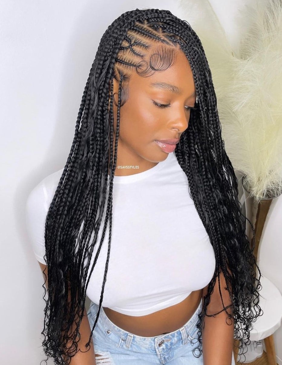 Mid-Back Black Braids With Defined Curls Mid-Back Black Braids With Defined Curls — Simple Boho Knotless Braids