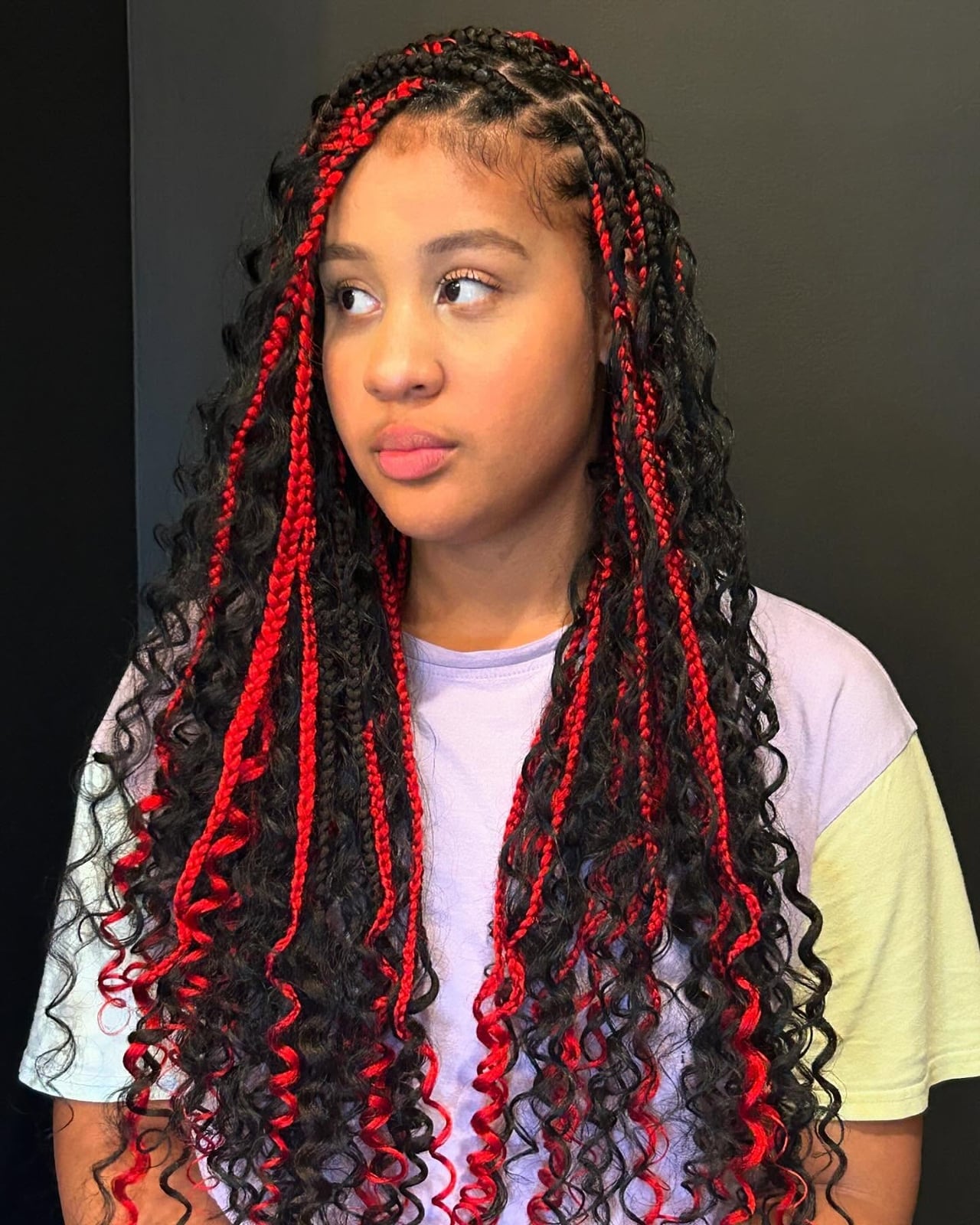 Mid-Back Boho Braids With Red Highlights Mid-Back Boho Braids With Red Highlights — Simple Boho Knotless Braids