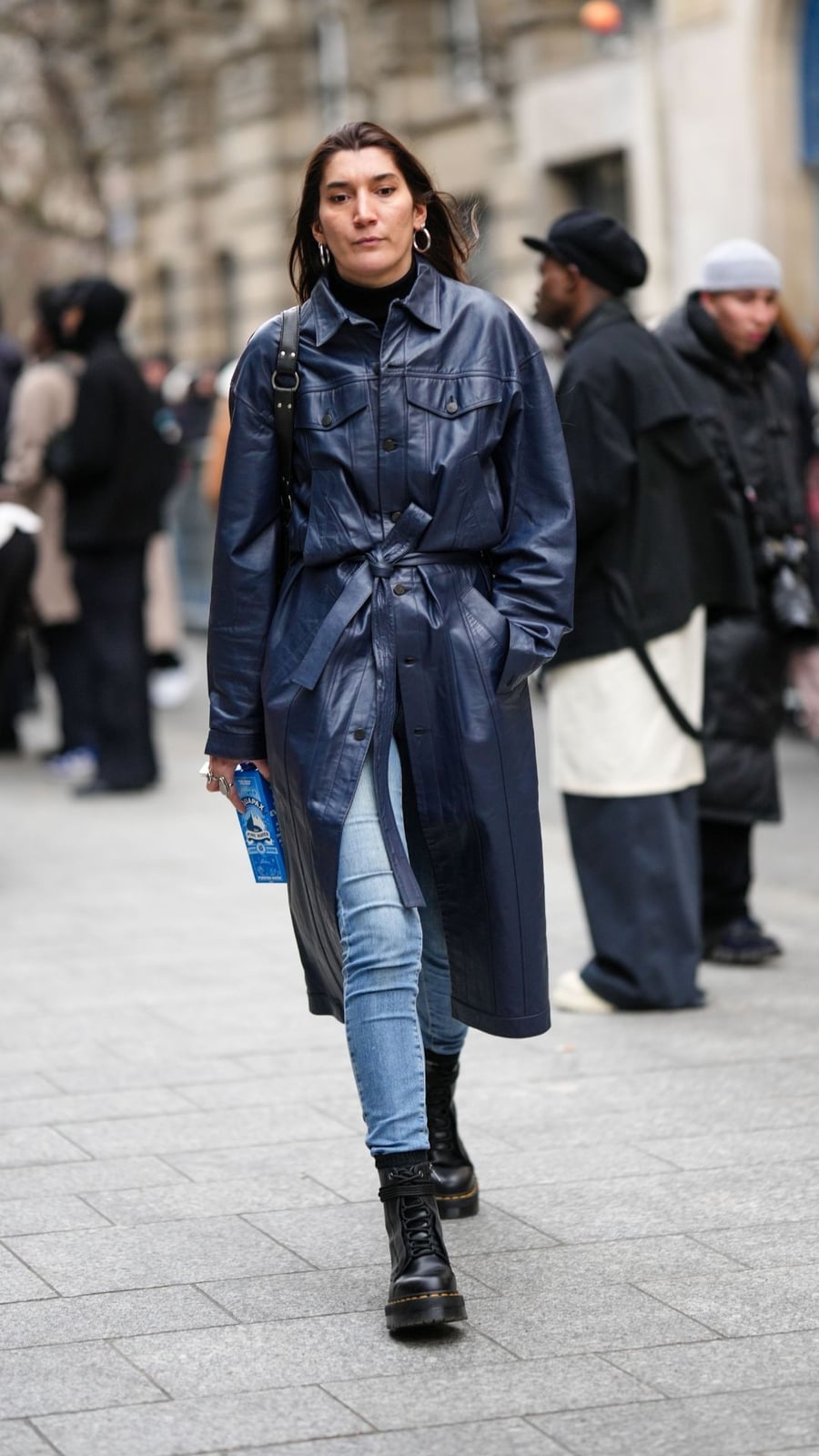 Leather Trench Coat With Light Wash Jeans — Simple Boots Outfit Jeans