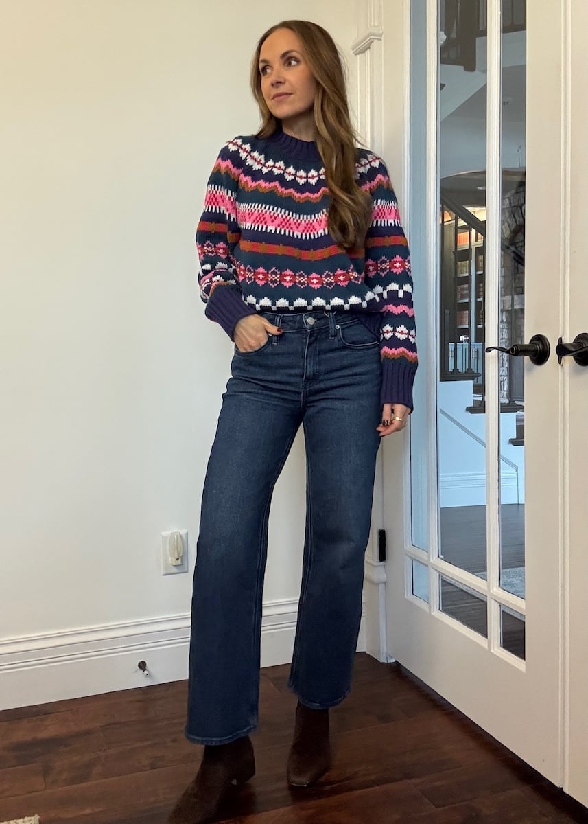 Fair Isle Sweater With Wide Leg Jeans — Simple Boots Outfit Jeans