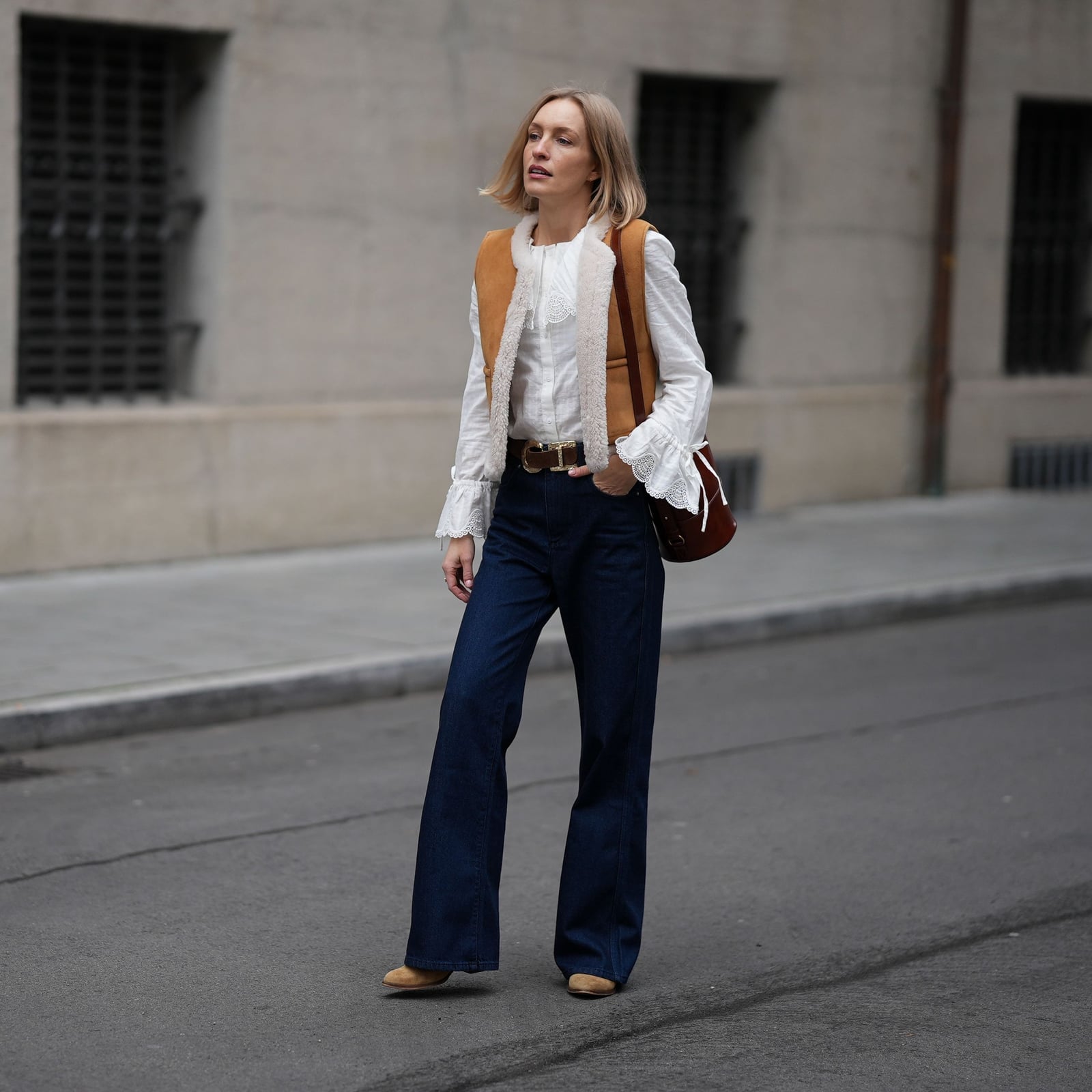 Suede Vest With Flare Jeans — Simple Boots Outfit Jeans