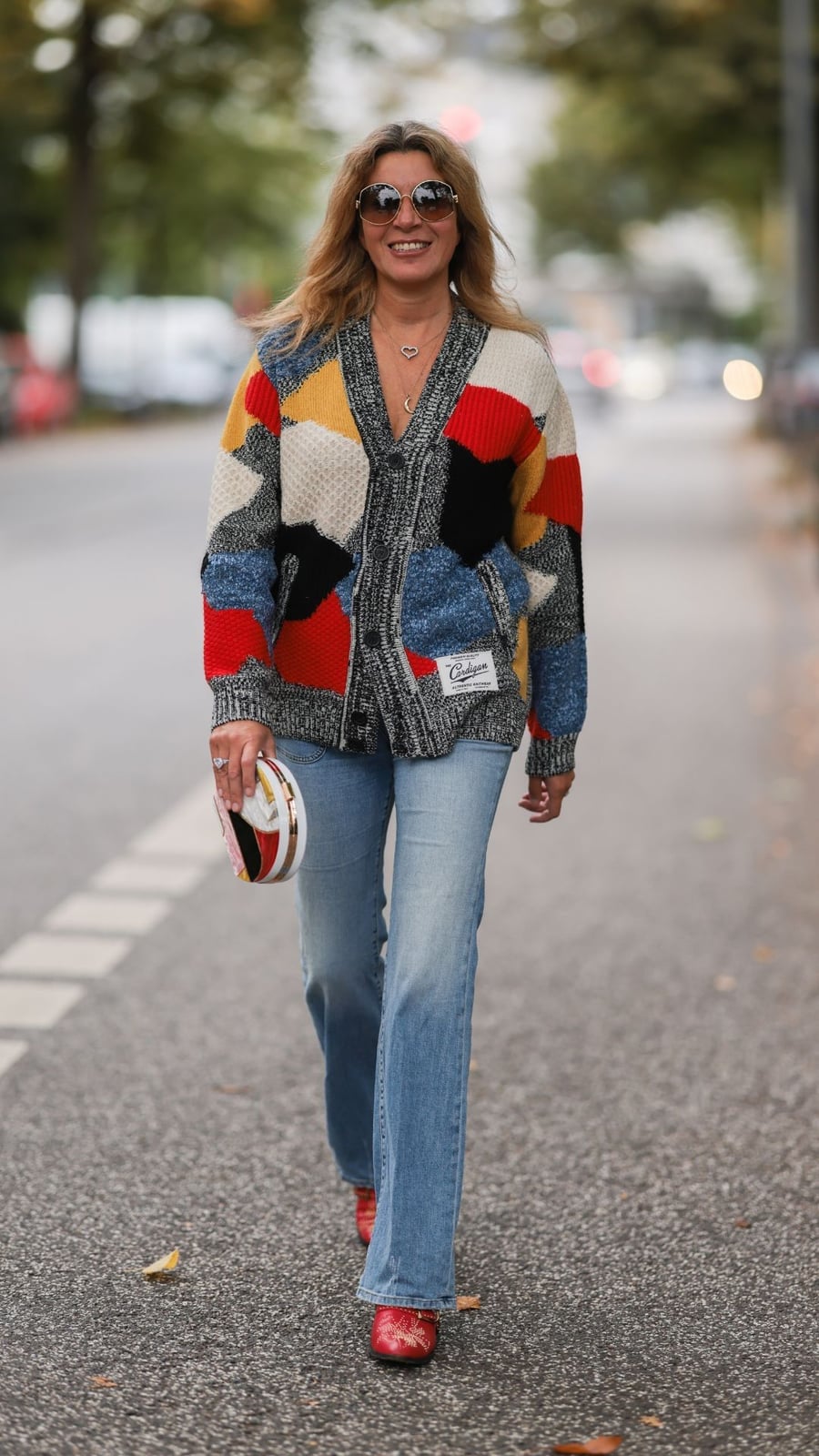 Patchwork Cardigan With Flare Jeans — Simple Boots Outfit Jeans