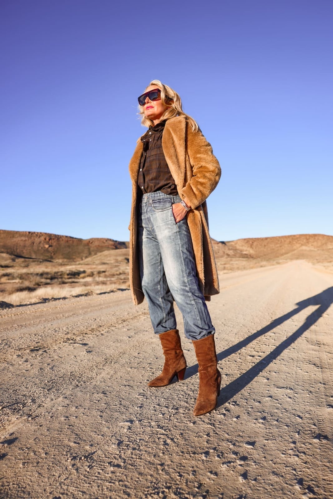 Faux Fur Coat With Relaxed Jeans — Simple Boots Outfit Jeans