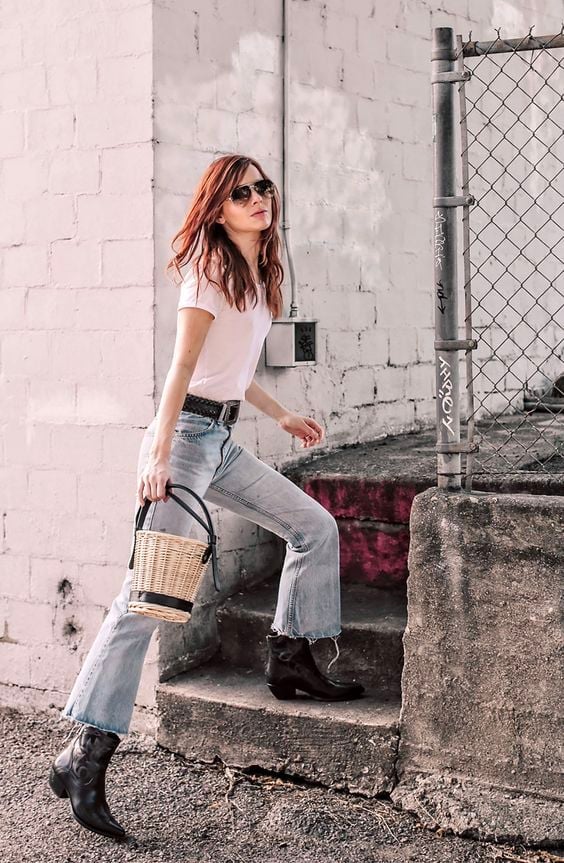 Cowboy Boots With Flared Jeans Tucked In — Simple Boots Outfit Jeans
