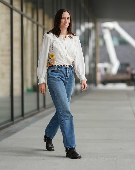 Ruffled Blouse With Straight Leg Jeans — Simple Boots Outfit Jeans