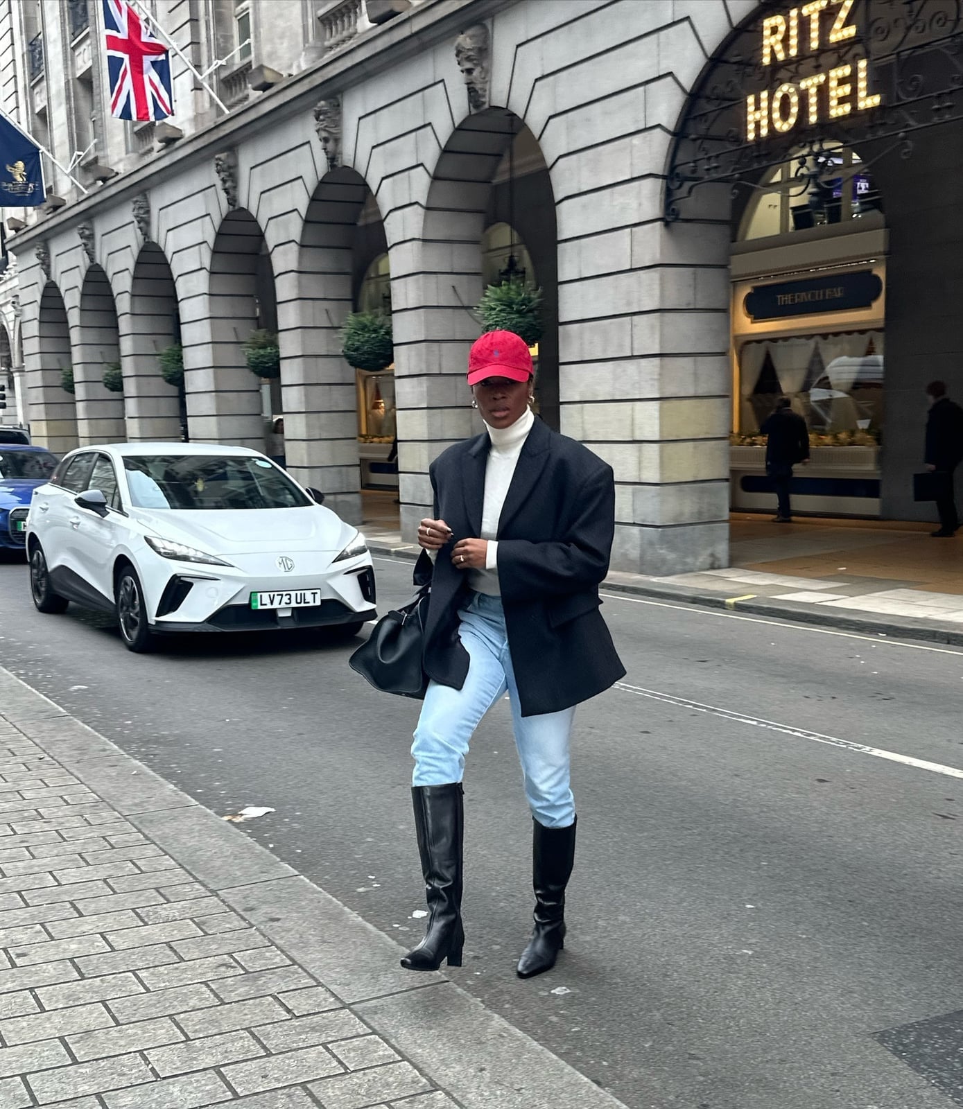 Jeans With Knee High Boots And Baseball Cap — Simple Boots Outfit Jeans